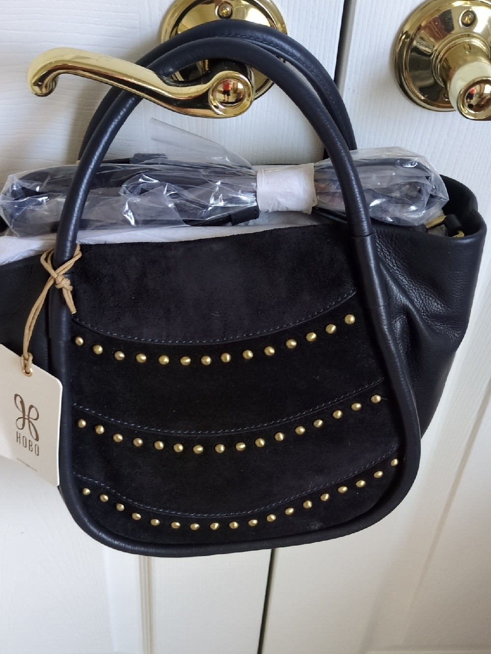 NWT HOBO Margot Navy Suede & Leather Studded Satchel